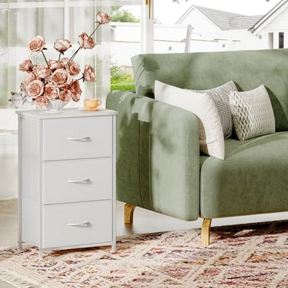 Somdot Small Dresser for Bedroom, 3 Drawer Storage Cabinet, White | Tall Nightstand Fabric Dresser with Removable Bins, Steel Frame and Mdf Wood Top , Closet, Nursery, Dorm or Entryway Storage