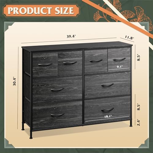 WLIVE Wide Dresser for Bedroom, 8 Drawer Chest of Drawers, Black Wood Grain | 8 roomy fabric drawers, Wide storage design, Bedroom or closet use, Sturdy steel frame, Smooth wood tabletop