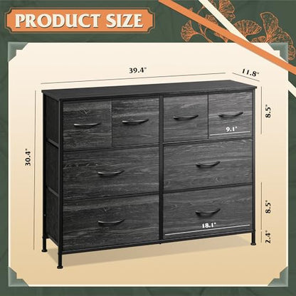 WLIVE Wide Dresser for Bedroom, 8 Drawer Chest of Drawers, Black Wood Grain | 8 roomy fabric drawers, Wide storage design, Bedroom or closet use, Sturdy steel frame, Smooth wood tabletop