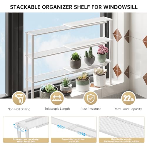 Expandable Window Shelf for Plants Kitchen Sink Organizer,White | 2 Pack, Stackable, Narrow Shelves, Kitchen Countertop Holder, Mesh Design, Slim Design, Load Capacity: 22 lbs, Elegant look