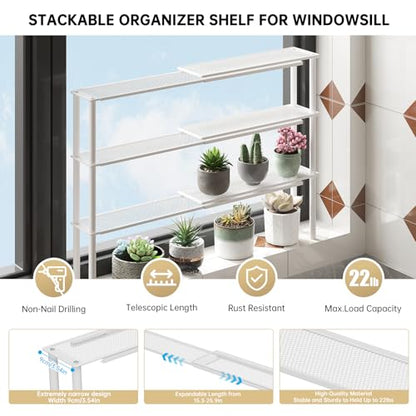 Expandable Window Shelf for Plants Kitchen Sink Organizer,White | 2 Pack, Stackable, Narrow Shelves, Kitchen Countertop Holder, Mesh Design, Slim Design, Load Capacity: 22 lbs, Elegant look