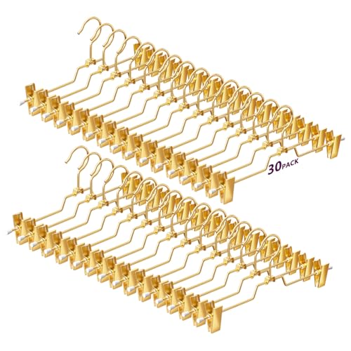 30Pack Heavy Duty Metal Pants Hangers,Pants Hangers with 2 Adjustable Clips | Gold Skirt Hangers with 360° Swivel Cost Hook, Space-Saving Shorts Hangers for Pants, Jeans, Slacks, Short Skirt