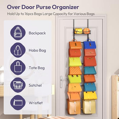 Over The Door Purse Organizer - Wall Mounted Purse Rack with 16 Hooks and Metal Basket, Handbag Hanger Organizer Holds up to 16 Bags, Bag Rack Can Use As 1/2 Part, for Door, Closet