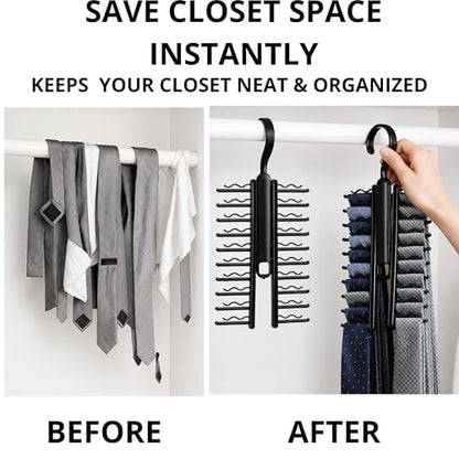 Tie Hanger for Men – 2 Pack Space-Saving Tie Organizer for Closet – Durable Plastic Scarf & Belt Hanger – 20-Tie Capacity Rack, Black – Closet Organizer for Ties, Scarves & Accessories