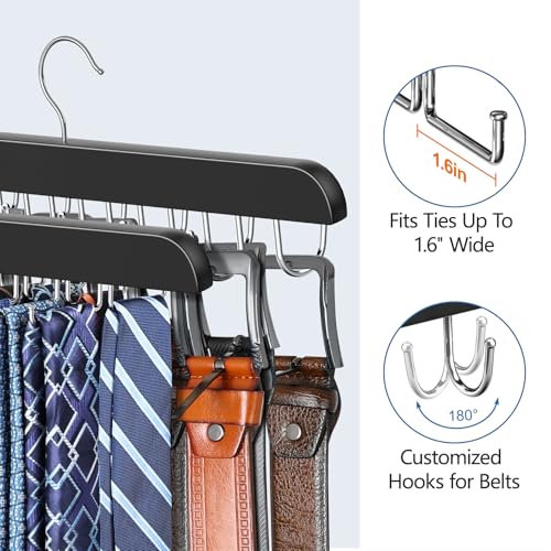 2 Pack Tie Rack & Belt Hanger for Closet Organization, Wooden Tie Organizer | Space Saving 2 in 1 Tie Hanger Max 42 Belts & 60 Ties Capacity, Premium Tie Belt Holder for Closet Organizers and Storage