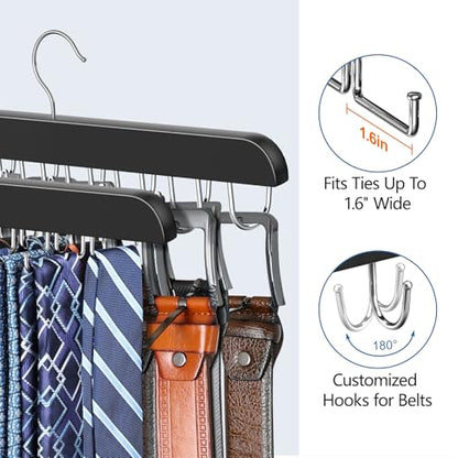 2 Pack Tie Rack & Belt Hanger for Closet Organization, Wooden Tie Organizer | Space Saving 2 in 1 Tie Hanger Max 42 Belts & 60 Ties Capacity, Premium Tie Belt Holder for Closet Organizers and Storage