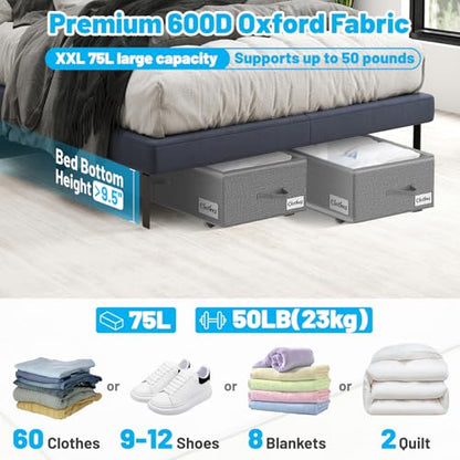 Under Bed Storage with Wheels, 2-Pack 10" Height XXL 75L Rolling Storage Bins, Quick Assembly Underbed Shoe Storage Containers with Clear Lid & Label, Dorm Under Bed Drawers for Clothes, Shoes, Grey