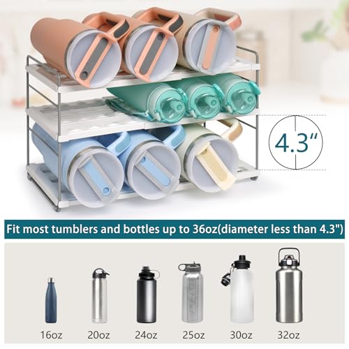 10.6-16.7" Adjustable Width Water Bottle Organizer for Cabinet, 3-Tier Expandable Water Bottle Holder Rack, Cup and Tumbler Storage for Kitchen Organization, Sports Flask, Insulated Travel Mug, Fridge