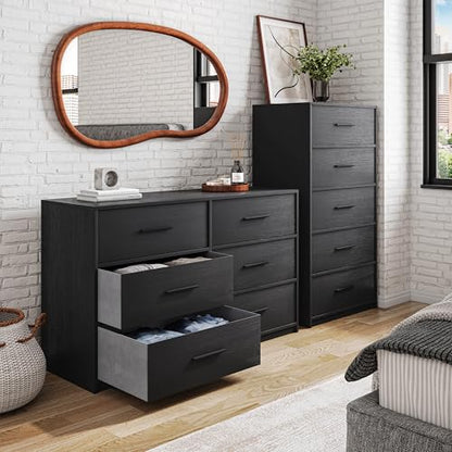 5-Drawer Dresser w/Fabric Drawers, Modern, Storage Chest,Black | 5-drawer dresser, fabric storage drawers, sturdy wood frame, bedroom organizer, living room, hallway & closet black chest
