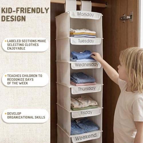 2 Pcs Heavy Duty 6 Shelf Weekly Hanging Closet Organizer for Kids Days of Week Clothing Organization Labeled Monday to Friday Clothes Divider for Weekday Weekend School Outfits