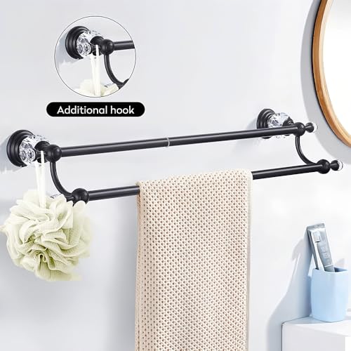 Crystal Black Towel Holder Double Adjustable Towel Bar 13 to 25 Inch, Towel Rack Rail for Bathroom Wall Mounted