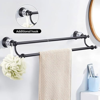 Crystal Black Towel Holder Double Adjustable Towel Bar 13 to 25 Inch, Towel Rack Rail for Bathroom Wall Mounted
