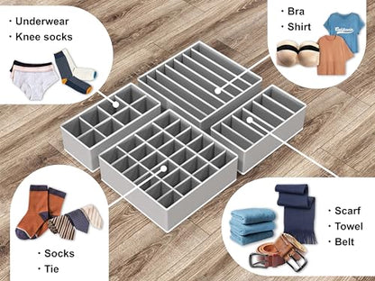 Simple Houseware 4-Pack Drawer Organizer Set for Underwear/Socks/Bra, Gray | Closet Dividers for Underwear, Socks, Bras, Scarves, Ties - Foldable Non-Woven Storage Boxes