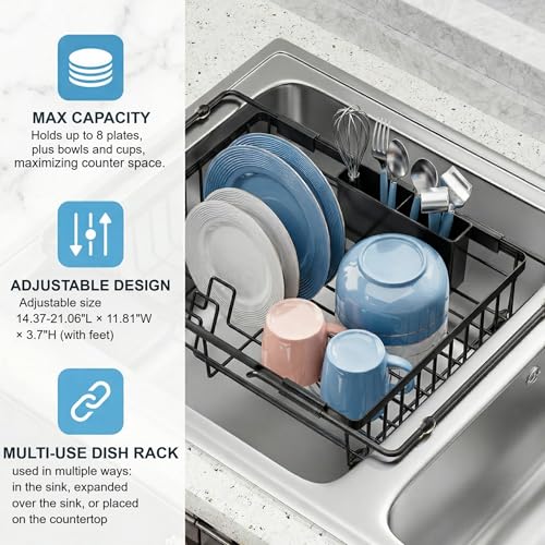 Expandable in Sink Dish Drying Rack - Adjustable Capacity Over The Sink Dish Drainer Drying Rack with Utensil Holder for Kitchen Counter, Drying Rack for Small Space,14.96“L x 11.81“W x 3.74”D