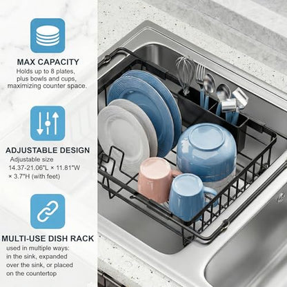 Expandable in Sink Dish Drying Rack - Adjustable Capacity Over The Sink Dish Drainer Drying Rack with Utensil Holder for Kitchen Counter, Drying Rack for Small Space,14.96“L x 11.81“W x 3.74”D