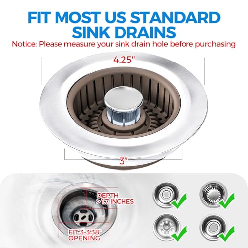 3 in 1 Kitchen Sink Drain Strainer Stopper Removable Basket Pop-Up | Kitchen Sink Accessories 1 Pack Brown Stainless - Food Catcher, Odor-Blocking Seal, Fits 3.5" Drain, Easy Clean