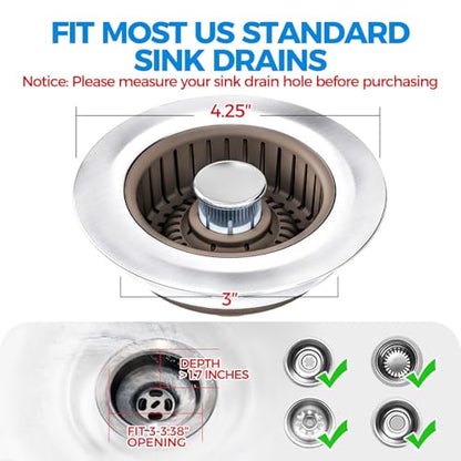 3 in 1 Kitchen Sink Drain Strainer Stopper Removable Basket Pop-Up | Kitchen Sink Accessories 1 Pack Brown Stainless - Food Catcher, Odor-Blocking Seal, Fits 3.5" Drain, Easy Clean