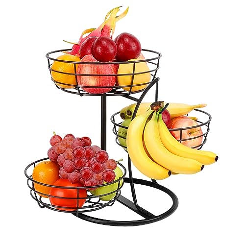 Fruit Basket Bowl with Banana Hanger, Fruit Vegetable Storage Basket with Banana Tree Holder for Kitchen Counter, Detachable Organizer for Bread Snack Produce (Black, 3-Tier Metal Base)