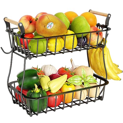 2 Tier Fruit Basket with 2 Banana Hangers, Countertop Fruit Vegetable Basket Bowl for Kitchen Counter Metal Wire Fruits Storage Stand Holder Organizer for Bread Snack Veggies Produce