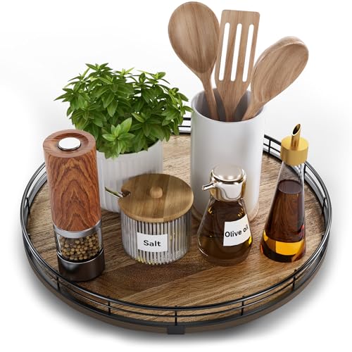 Acacia Wood 13" Lazy Susan Turntable Organizer for Table Top, Farmhouse Round Wooden Lazy Susan for Cabinet Kitchen Centerpieces Coffee Table, for Condiments Spices, Bathroom Vanity Tray Decor