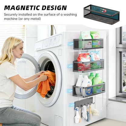 4 Pack Magnetic Shelves with Hook Rack for Washing Machine, Magnet Baskets | Heavy Duty, Supports up to 16.5 lbs, Simply Attach and Start Using, Magnetic Baskets for Washer & Dryer, Laundry Organizer