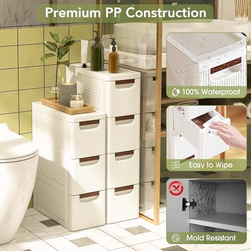 4 Drawers Narrow Bathroom Storage Cabinet, Slim Storage Cabinet, Plastic Slim Storage Cart Drawers for Small Spaces, Laundry, Office, Home, White