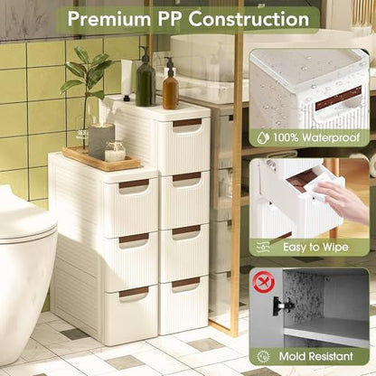 4 Drawers Narrow Bathroom Storage Cabinet, Slim Storage Cabinet, Plastic Slim Storage Cart Drawers for Small Spaces, Laundry, Office, Home, White