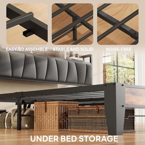 LIKIMIO King Size Bed Frame, Storage Headboard with Charging Station, Solid and Stable, Noise Free, No Box Spring Needed, Easy Assembly