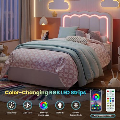 SHA CERLIN Twin Size Bed Frame with LED Lights and Storage Drawer, White
