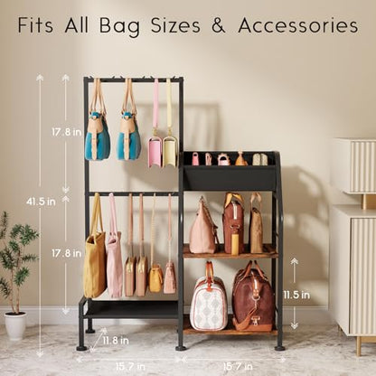Purse Organizer for Closet - Purse Rack Stand with 12 Hooks, 2 Wooden Shelves Purse Storage for Closet, Large Capacity Backpack Storage, Handbag Organizer for Home, Living Room, Black