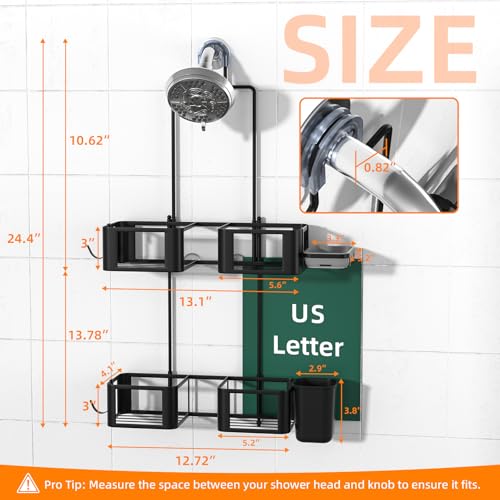 Haging Shower Caddy for Handheld Showerheads,Over Head Shower organizer | Rustproof,Soap Dish,Hooks,Toothbrush Holder,Anti-Swing Adhesive Strip &Suction Cup,For Bathroom,Apartment,RV,Dorm Use,Black