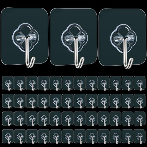 DKHDBD Adhesive Wall Hooks 50 Pack Heavy Duty Stainless Waterproof | Rustproof Clear Self-Adhesive for Bathroom, Kitchen, Office, Outdoor, Wardrobe