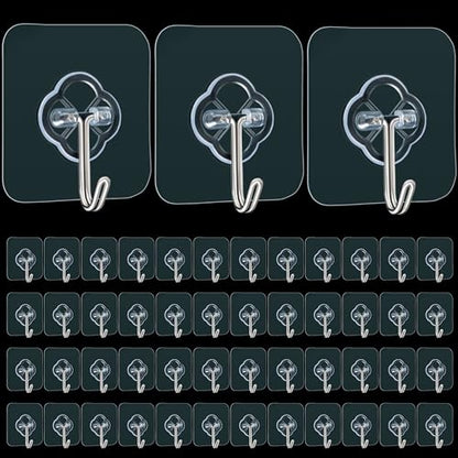 DKHDBD Adhesive Wall Hooks 50 Pack Heavy Duty Stainless Waterproof | Rustproof Clear Self-Adhesive for Bathroom, Kitchen, Office, Outdoor, Wardrobe