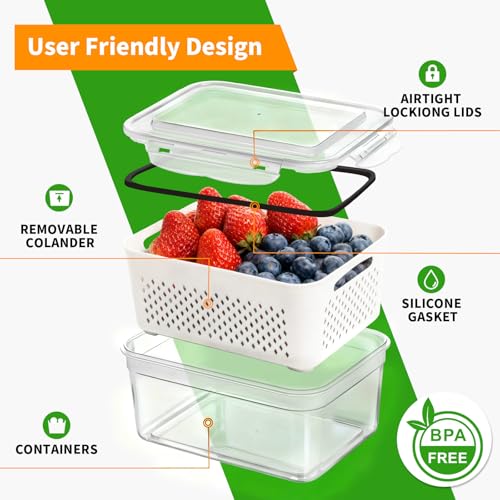 PRAKI Fruit Storage Containers for Fridge with Removable Colander, 5-Pack