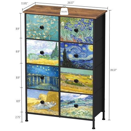 EXOTICA Tall Dresser with 8 Drawer for Bedroom Narrow Van Gogh Chest of Drawers for Hallway Closet Living Room Steel Frame Rustic Brown Wood Grain Wood Top
