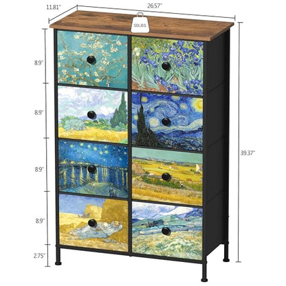 EXOTICA Tall Dresser with 8 Drawer for Bedroom Narrow Van Gogh Chest of Drawers for Hallway Closet Living Room Steel Frame Rustic Brown Wood Grain Wood Top