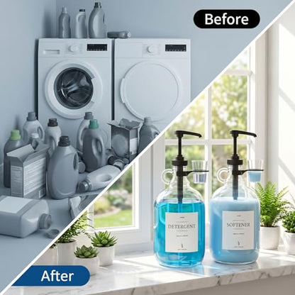2 Pcs Glass Liquid Laundry Detergent Dispenser with Cup Holders, Half Gallon Dispenser for Laundry Room (64 oz. Each), Laundry Detergent Bottles with Pump Dispenser - (Black Pumps)