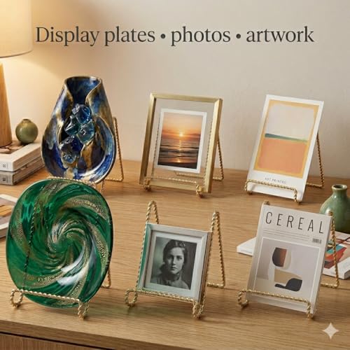HOHIYA 3" Gold Plate Display Stands 6 Pack Mini Metal Easels | Compact metal easels display decorative plates, photos, frames, artwork and collectibles on shelves or tabletops.
