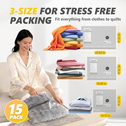 15 Pack Travel Vacuum Bags with Electric Pump, 70KPa Vacuum Storage Bags for Clothing, Reusable Space Saver Bags for Suitcase, Travel & Home Storage, Plaster White