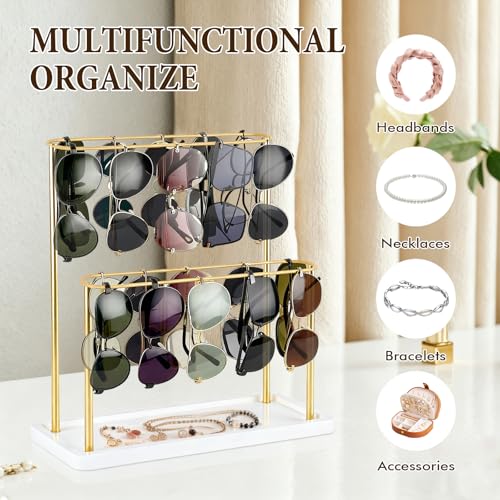 Sunglasses Organizer Holder Stand, Eyeglasses Display ,Gold Storage Rack | Wood Base, for 28 Pairs of Eyewear, 2 Tier