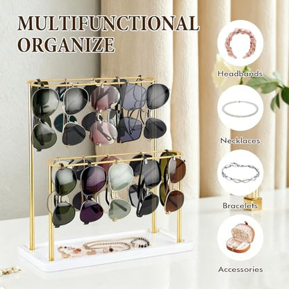 Sunglasses Organizer Holder Stand, Eyeglasses Display ,Gold Storage Rack | Wood Base, for 28 Pairs of Eyewear, 2 Tier