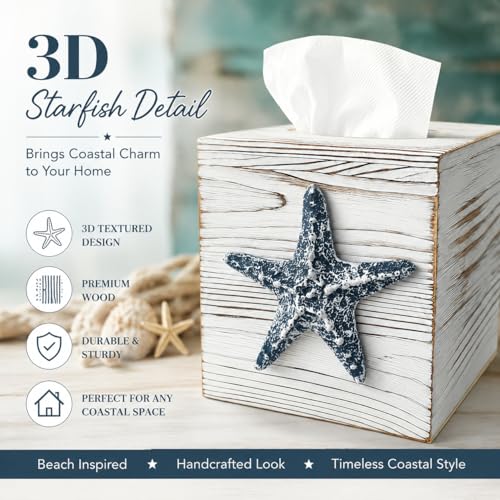 Coastal Tissue Box Cover Wooden Retro with Sliding Bottom Panel Beach Decor for Bathroom Bedroom Living Room,Starfish Decor Suitable for Coastal Gifts Beach House Gifts