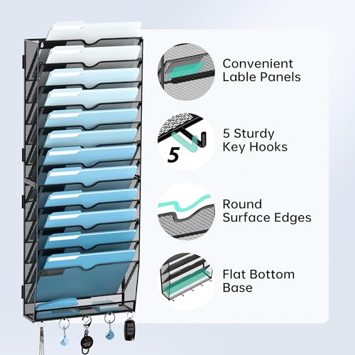 13-Tier Wall File Organizer, Wall File Holder with... (Black | Metal)