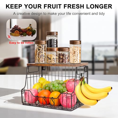 Fruit Basket for Kitchen, Metal Fruit Vegetable Storage Bin with 2 Banana Hangers, Countertop Wire Basket Organizer for Snack Potato Onion, Screw Mounted or Stand (Black, 1 Pack)