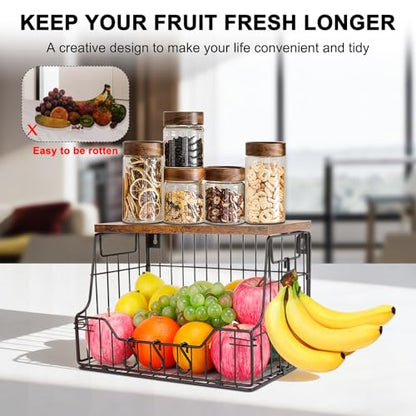 Fruit Basket for Kitchen, Metal Fruit Vegetable Storage Bin with 2 Banana Hangers, Countertop Wire Basket Organizer for Snack Potato Onion, Screw Mounted or Stand (Black, 1 Pack)