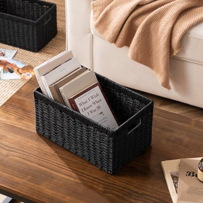 UBBCARE 2 Pack Wicker Basket, 13.4L×8.3H×7.1W inch Woven Paper Rope Storage Baskets for Shelves, Foldable Rectangular Storage Baskets with Handle, Storage Basket for Organizing, Black