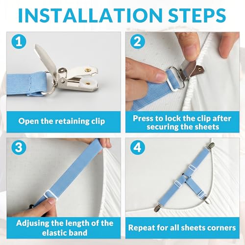 Bed Sheet Straps, 8-Pack Adjustable Bed Sheet Clips - Easy Install Secure Fit Clips, Non-Slip Elastic Holders for Fitted Sheets | Keep Sheets in Place (Blue)