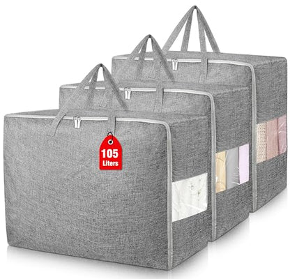105L Extra Large Storage Bags, Folding Moving Comforter Blanket Storage Bags Closet Organizers and Storage Containers for Clothes with Strong Handles&Zippers Clear Window for Bedding Pillow Grey 3Pack