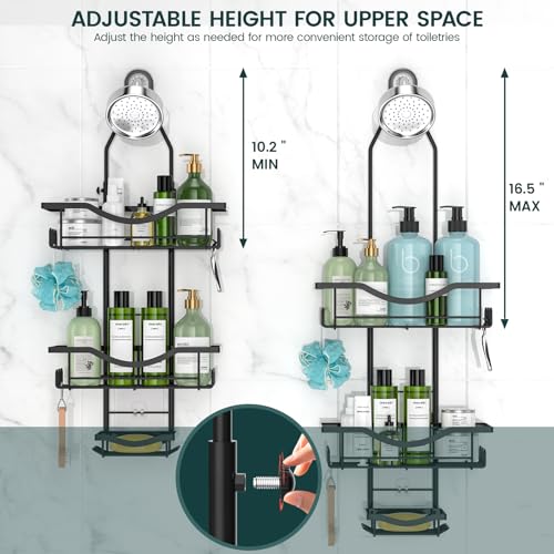 Adjustable Shower Caddy Hanging Rustproof Shower Organizer, Black | Extra Long, No Drilling, Anti-Slip, Shower Caddy Over Showerhead, Fast Draining, Soap Holder, 12 Hooks, Bathroom Accessories