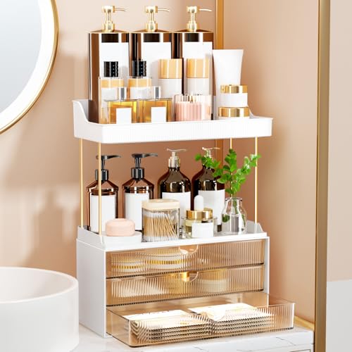 StorBin Arcylic 5-Tier Makeup & Skincare Organizer for Vanity, Bath | Smooth 3 drawers, clear body, gold frame, non-slip, for perfumes, serums, face masks, palettes, vanity & bath counter,Amber